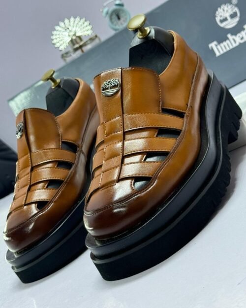 Timberland Style Tan Woven Leather Platform Sandals