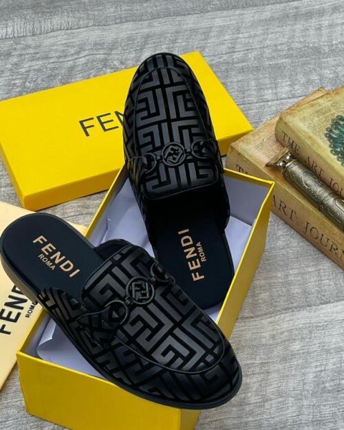 Fendi Roma Men's Black Velvet Half Shoe Mules