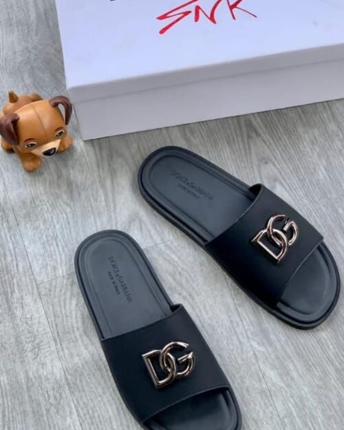 Dolce & Gabbana Black Rubber Slides with Gold DG Logo