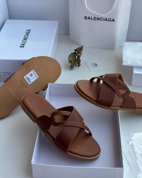 Balenciaga Brown Cross-Strap Leather Slides