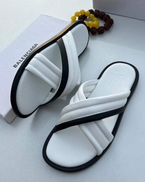 Balenciaga White & Black Cross-Strap Luxury Slides