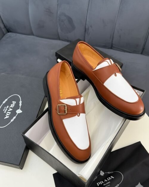 Prada Brown & White Buckle Loafers for Men