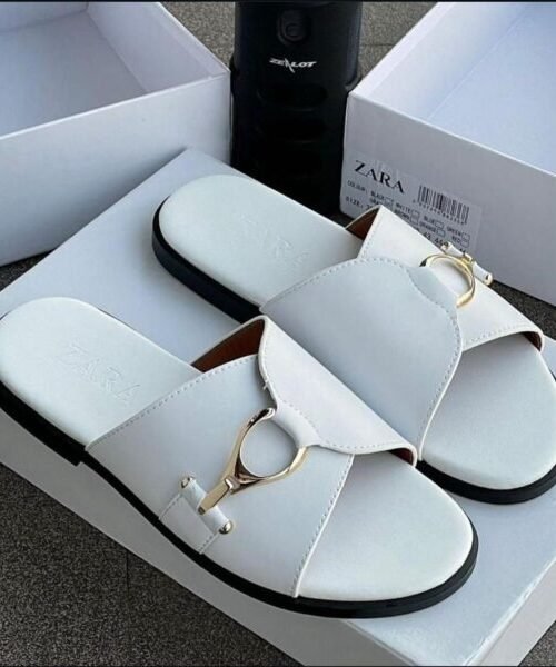 Zara White Faux Leather Sandals with Gold Hardware