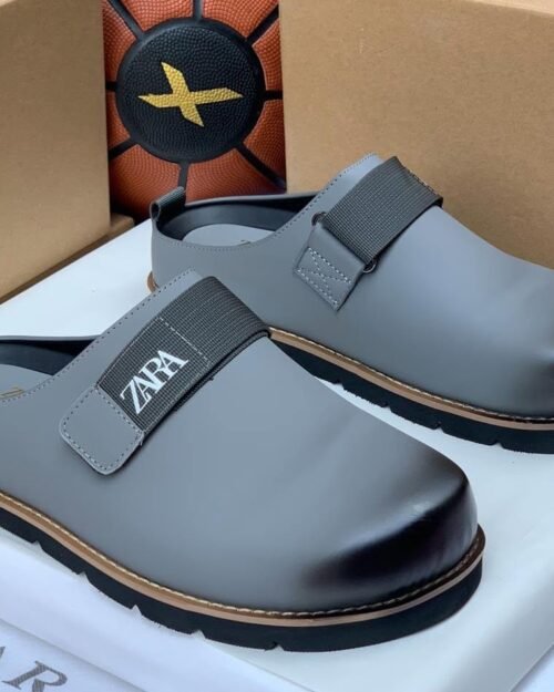 Zara Grey Burnished Toe Velcro Strap Mules