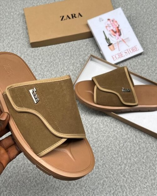 Zara Men's Brown Suede Double-Strap Slide Sandals
