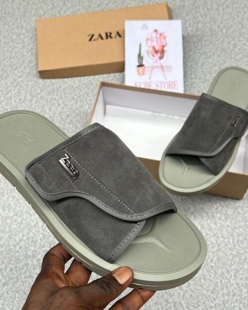 Zara Men's Grey Suede Double-Strap Slide Sandals