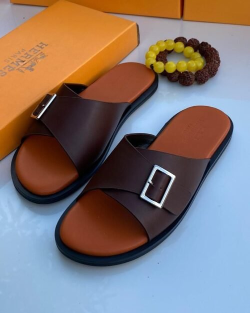 Hermès Paris Brown Leather Buckle Slippers