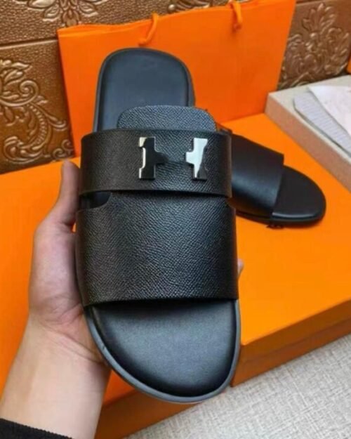 Black Calfskin Mules with Silver Buckle