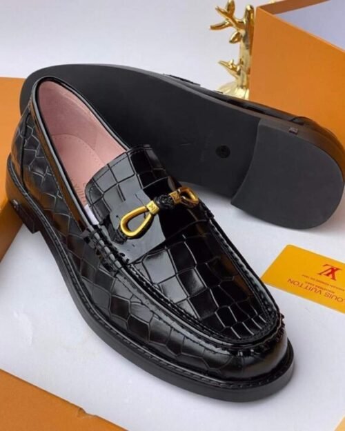 Black Crocodile-Pattern Leather Men’s Loafers