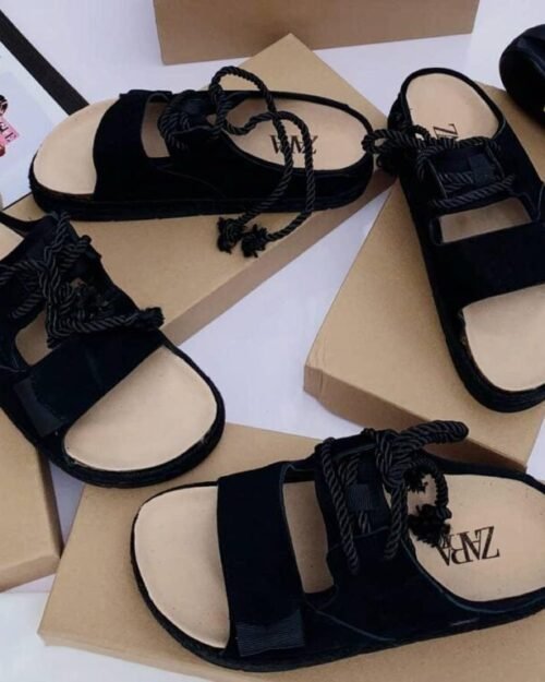 Black Flat Sandals with Adjustable Rope Straps