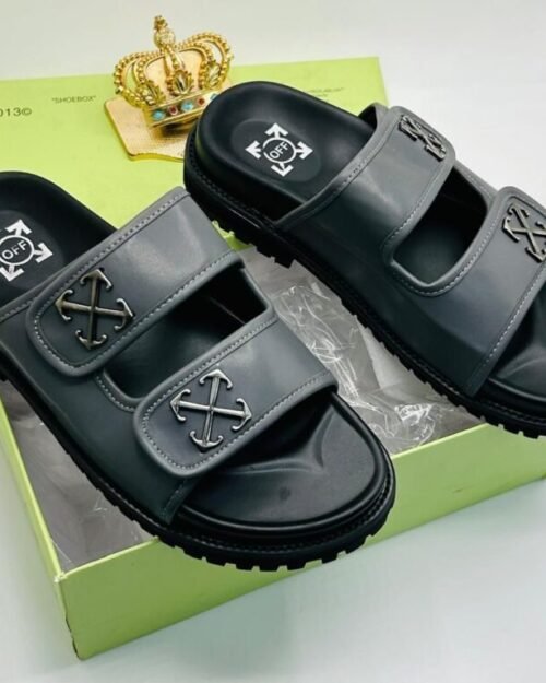 Black Leather Arrows-Motif Double Strap Sandals