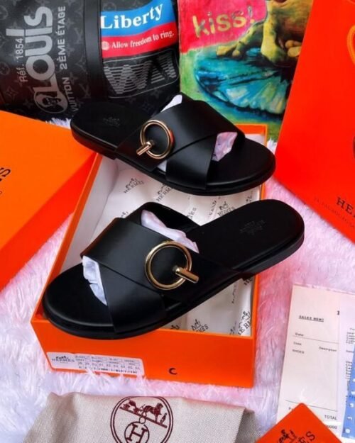 Black Leather Cross-Strap Sandals