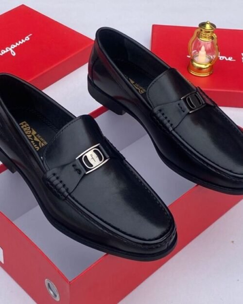 Black Leather Loafers with Silver Gancini Buckle