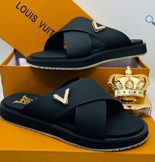 Black Leather Men’s Slide Slippers with Gold “LV” Logo Plaque