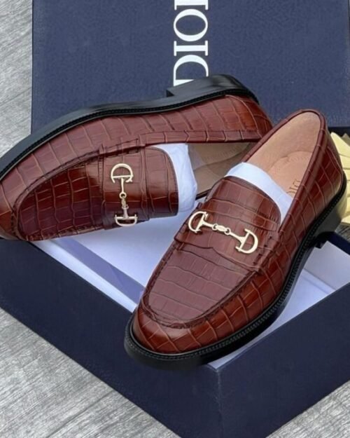 Brown Crocodile-Pattern Leather Men’s Loafers
