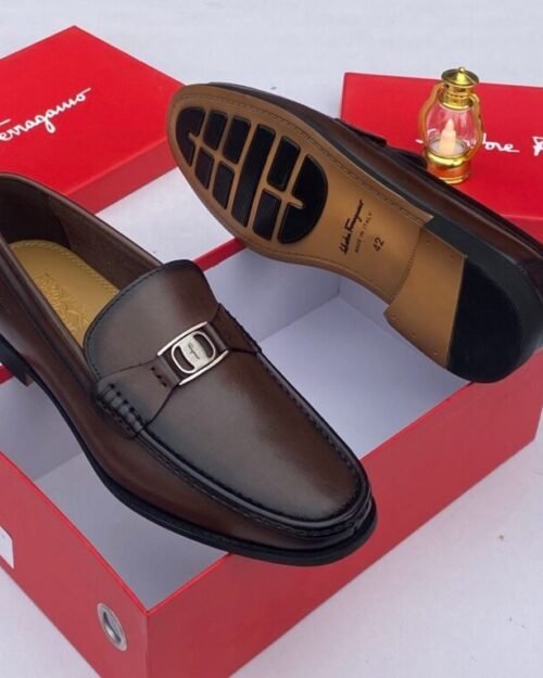 Brown Leather Loafers with Silver Gancini Buckle