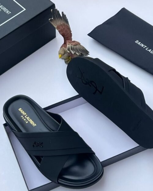 Saint Laurent Paris Black Leather Slides