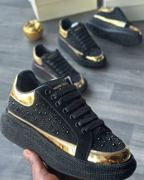 Well Banded Black Sneakers with Gold Accents & Rhinestone Detailing
