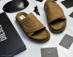 Diesel Brown Suede Embossed Logo Slide Sandals