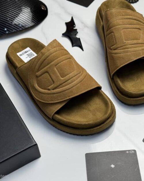 Diesel Brown Suede Embossed Logo Slide Sandals