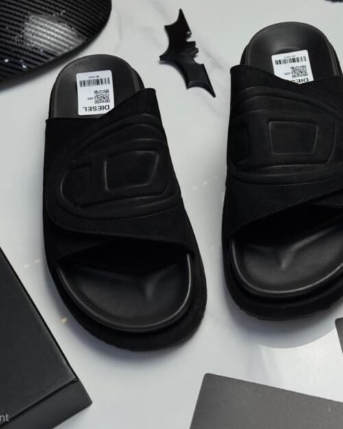 Diesel Black Suede Embossed Logo Sandals