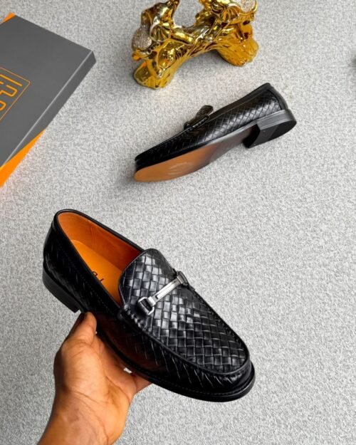 Men's Black Woven Leather Horsebit Loafers