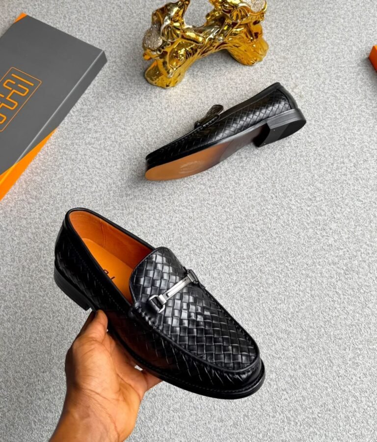 Men's Black Woven Leather Horsebit Loafers