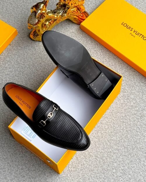 Louis Vuitton Men's Textured Leather Loafers with Gold Buckle