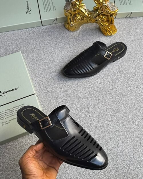 Richwanaz Men's Black Leather Half Shoes with Buckle Detail