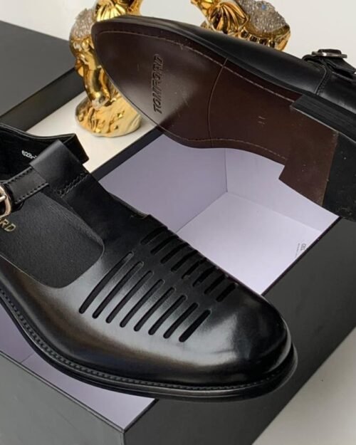 Tom Ford Black Leather T-Strap Buckle Sandals
