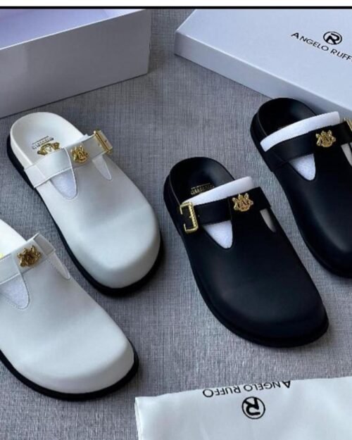 Angelo Ruffo Men's Luxury Leather Casual Slides with Gold Hardware