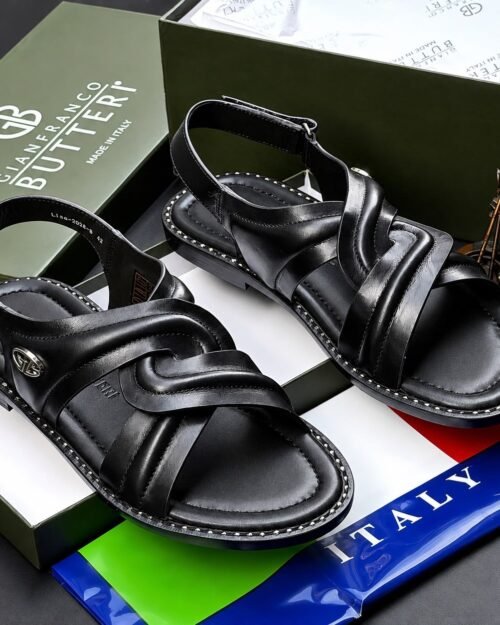 Gianfranco Butteri Men’s Black Italian Leather Woven Sandals