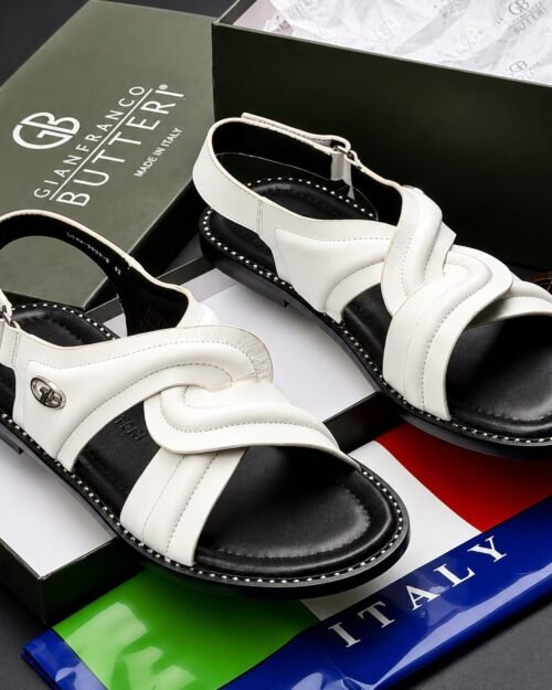 Gianfranco Butteri Men’s White Italian Leather Woven Sandals