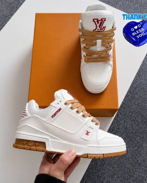 Louis Vuitton LV Trainer Sneaker in White, Brown, and Red