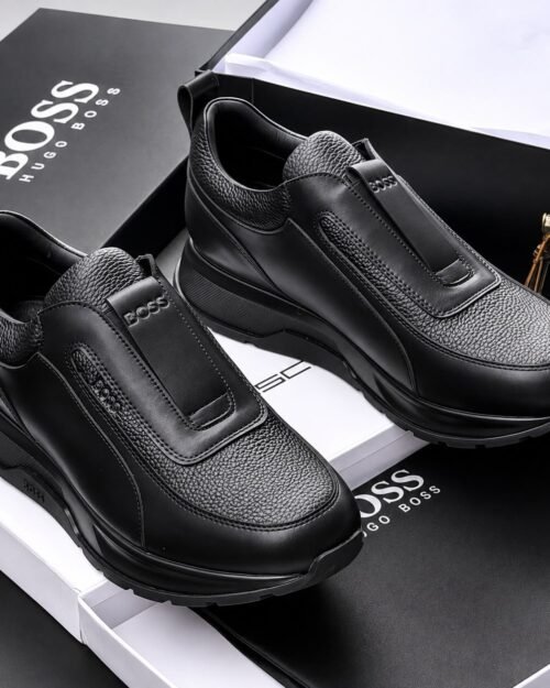 Hugo Boss Men's Black Pebbled Leather Slip-On Sneakers
