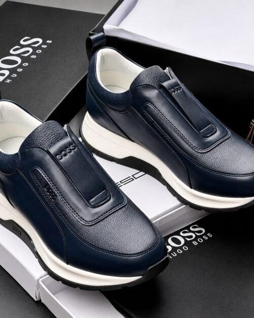 BOSS Hugo Boss Men's Navy Blue Pebbled Leather Slip-On Sneakers