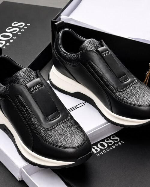 BOSS by Hugo Boss Black Textured Leather Slip-On Sneakers