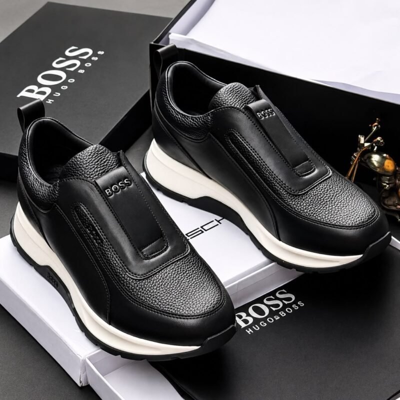 BOSS by Hugo Boss Black Textured Leather Slip-On Sneakers