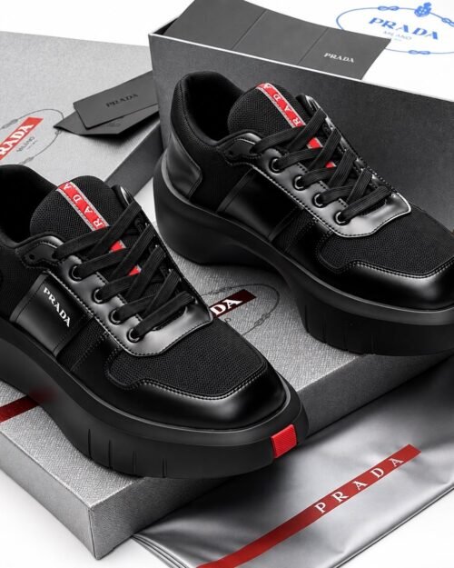 Prada Black Chunky Mesh & Leather Sneakers with Red Tab