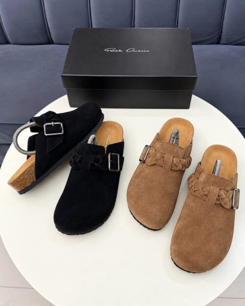 Rick Owens Granola Buckled Suede Clog Sandals (Black & Brown)
